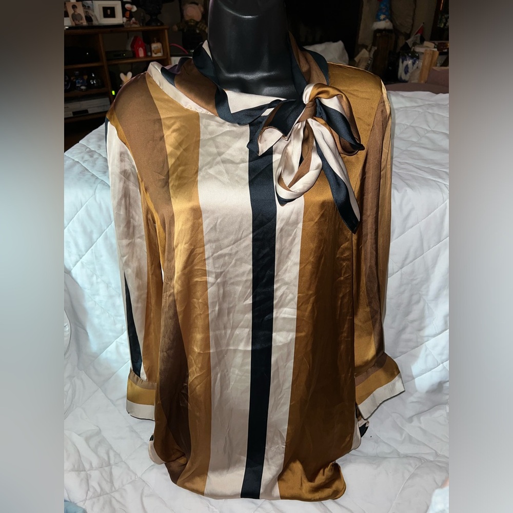 ZARA BROWN TRI-COLOUR SATIN NECK-TIE BLOUSE